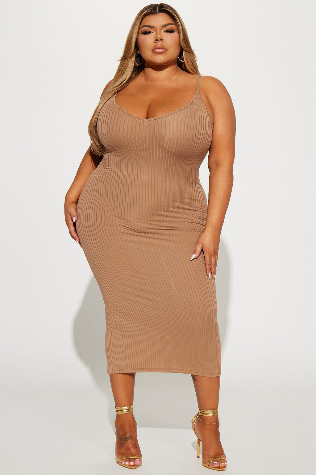 Sleeveless V-Neck Ribbed Tank Midi Dress - Taupe