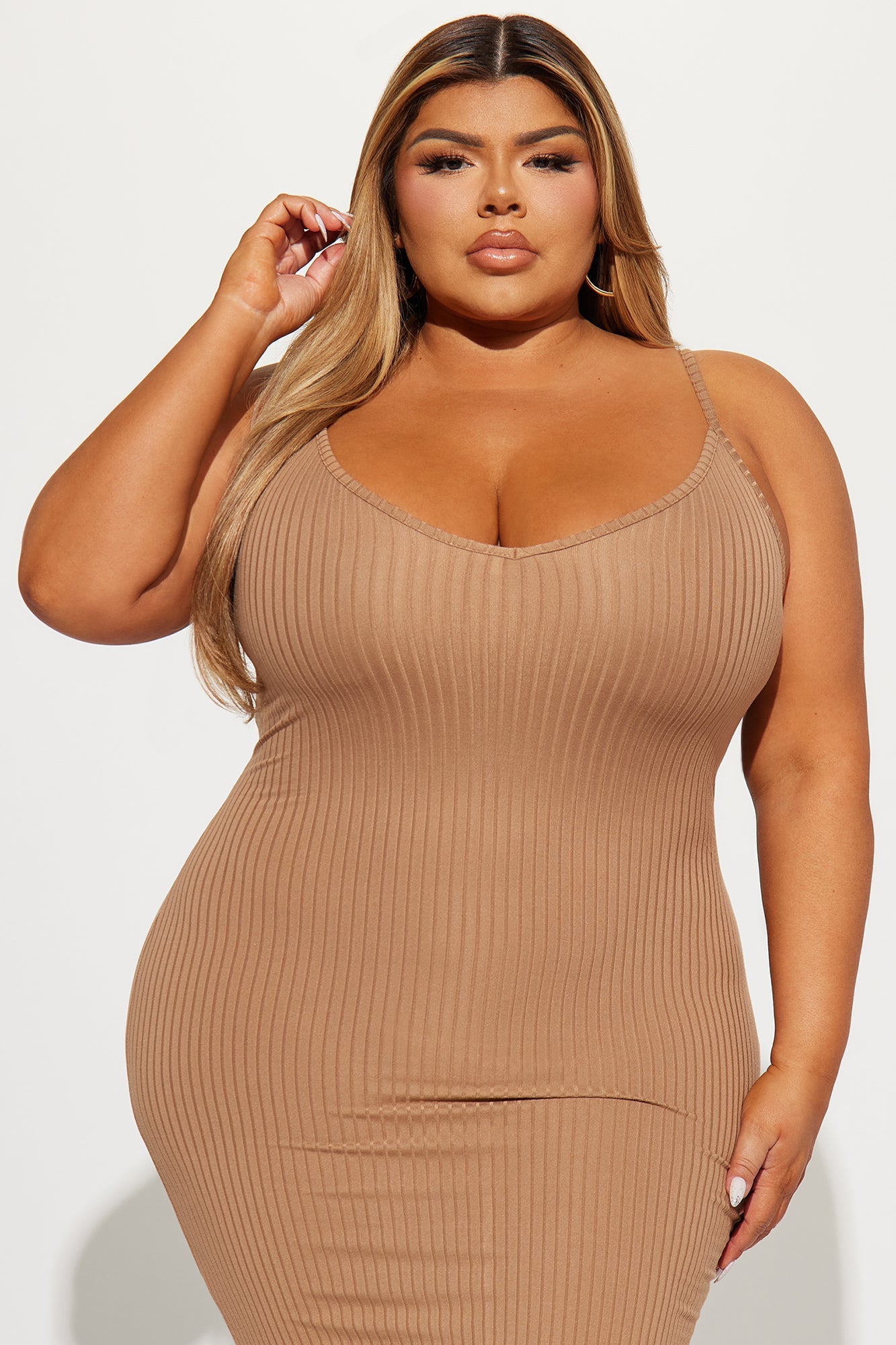 Sleeveless V-Neck Ribbed Tank Midi Dress - Taupe