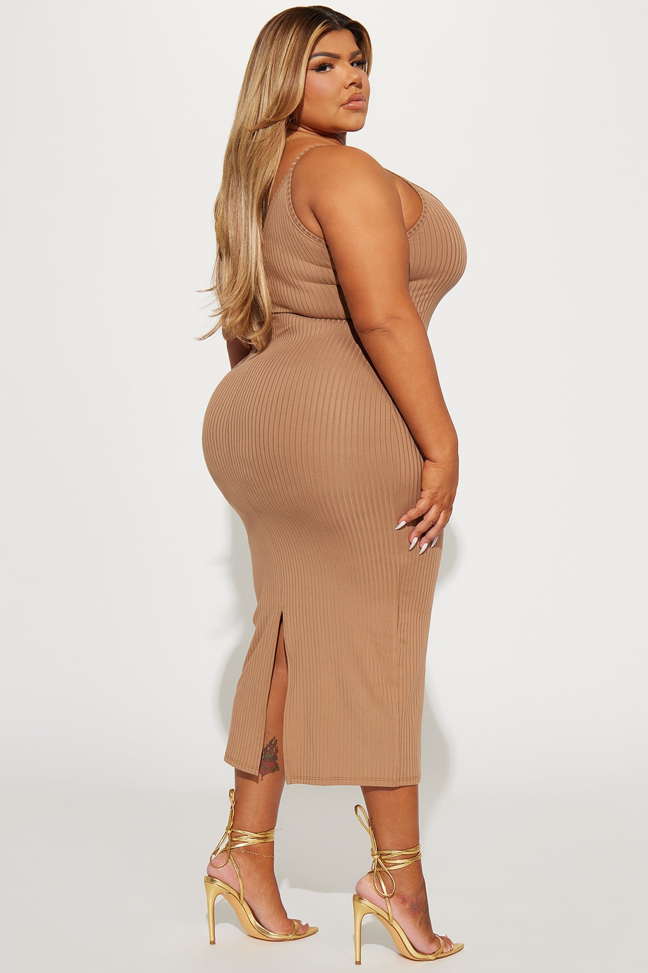 Sleeveless V-Neck Ribbed Tank Midi Dress - Taupe