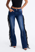 Embellished Fringe Flare Jeans - Dark Wash