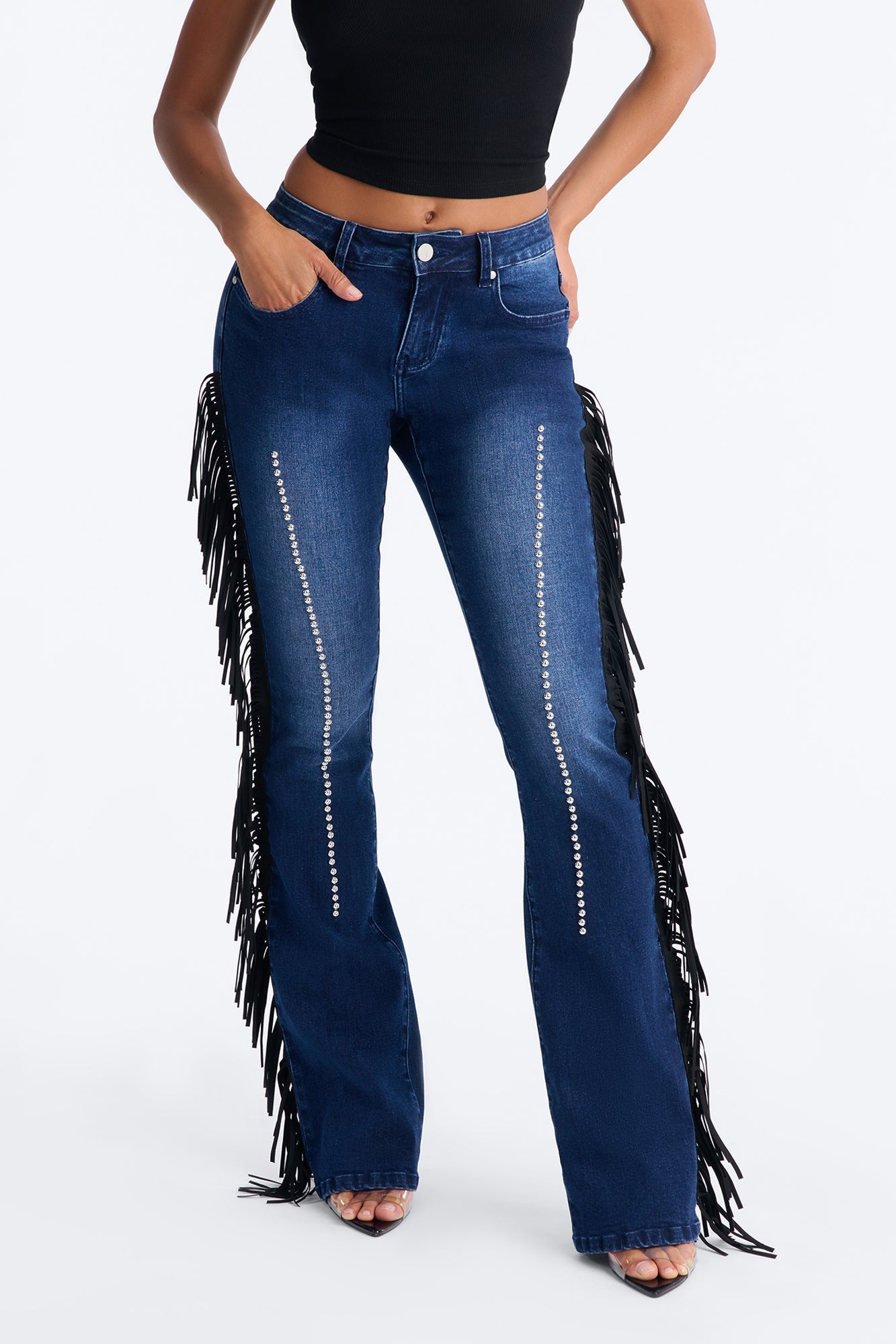 Embellished Fringe Flare Jeans - Dark Wash