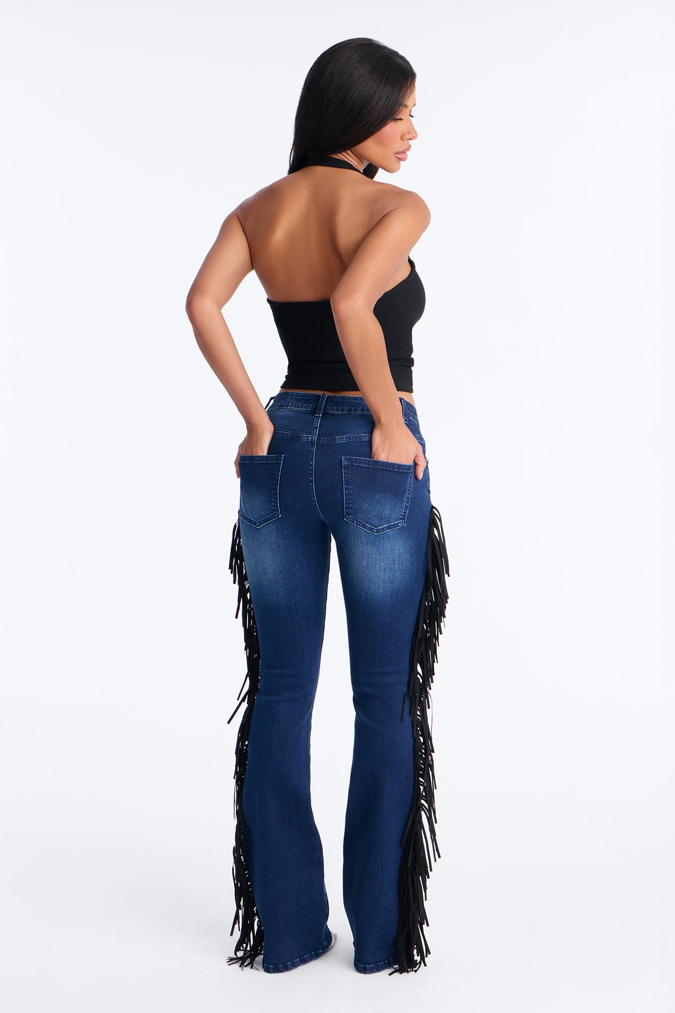 Embellished Fringe Flare Jeans - Dark Wash