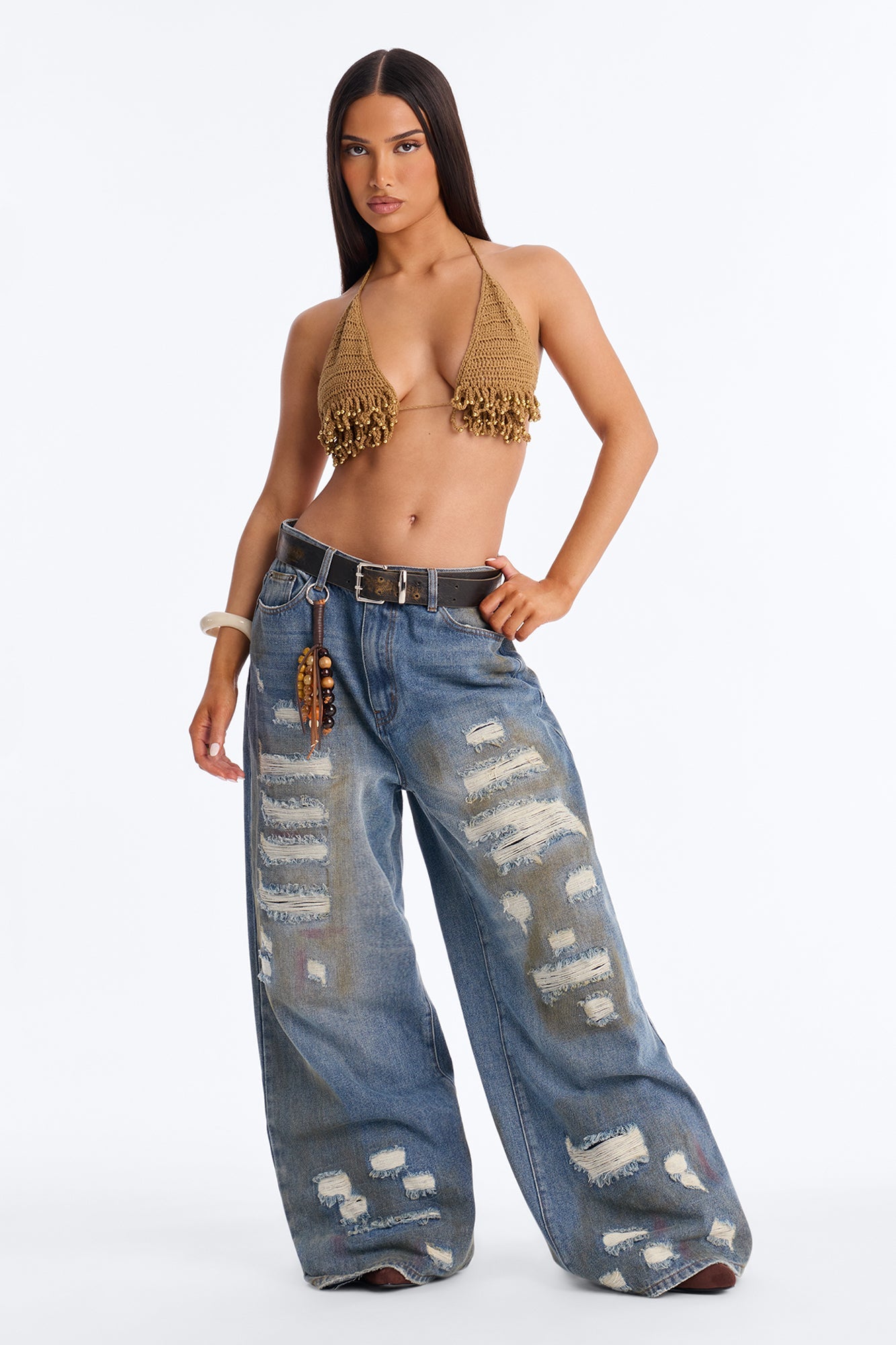 Charm Ripped Belted Tinted Baggy Jeans - Vintage Wash