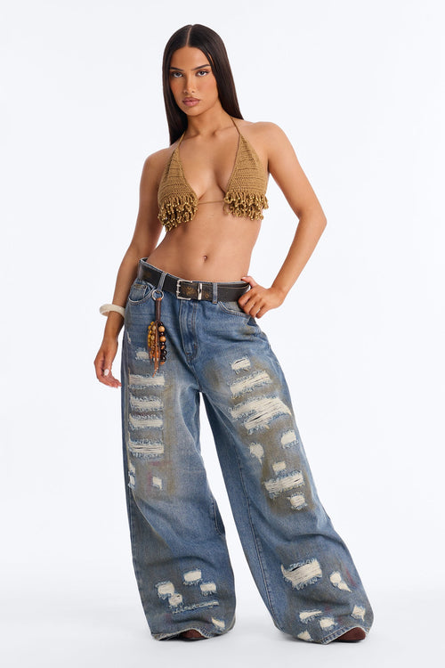 Charm Ripped Belted Tinted Baggy Jeans - Vintage Wash