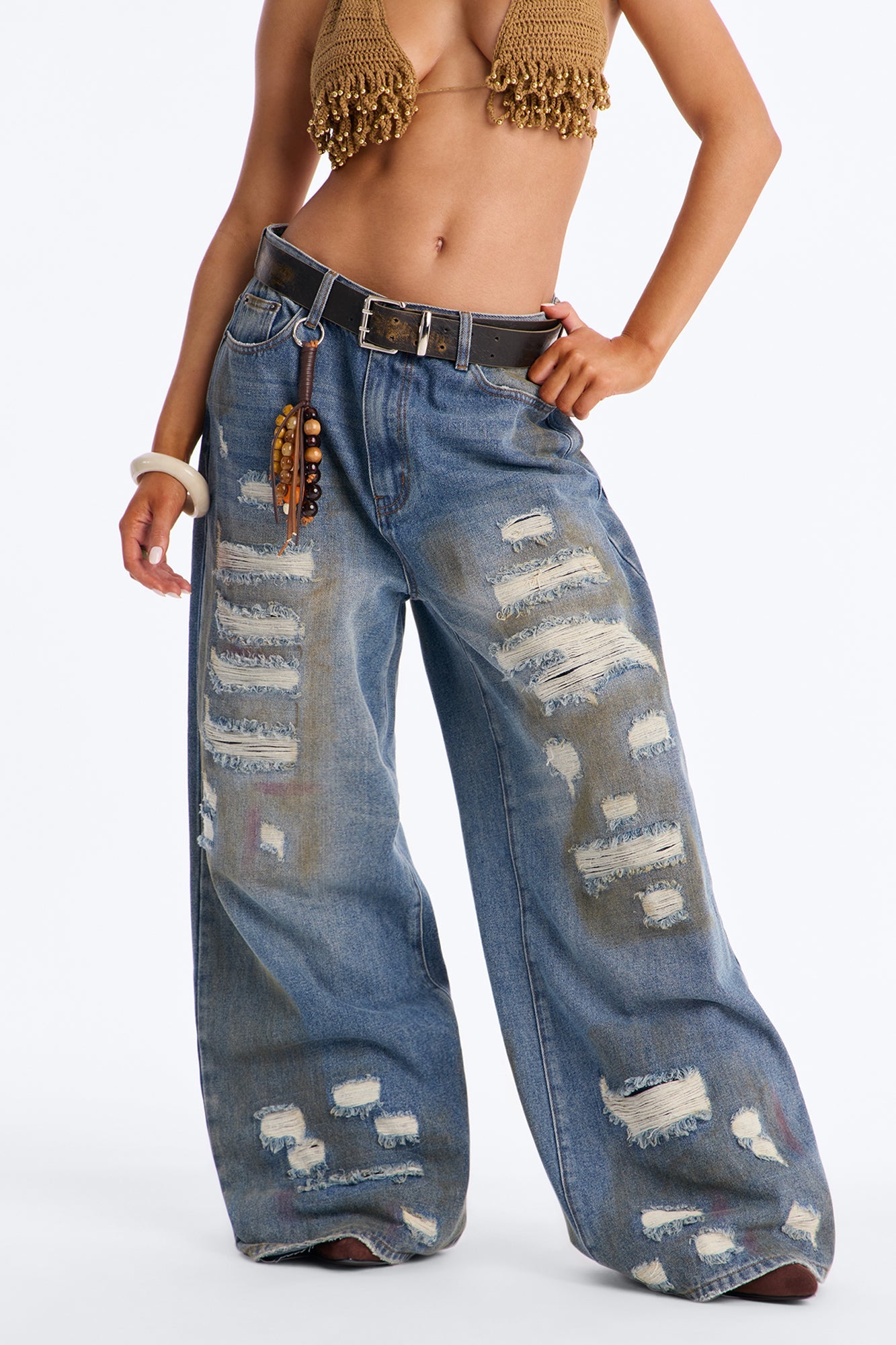 Charm Ripped Belted Tinted Baggy Jeans - Vintage Wash