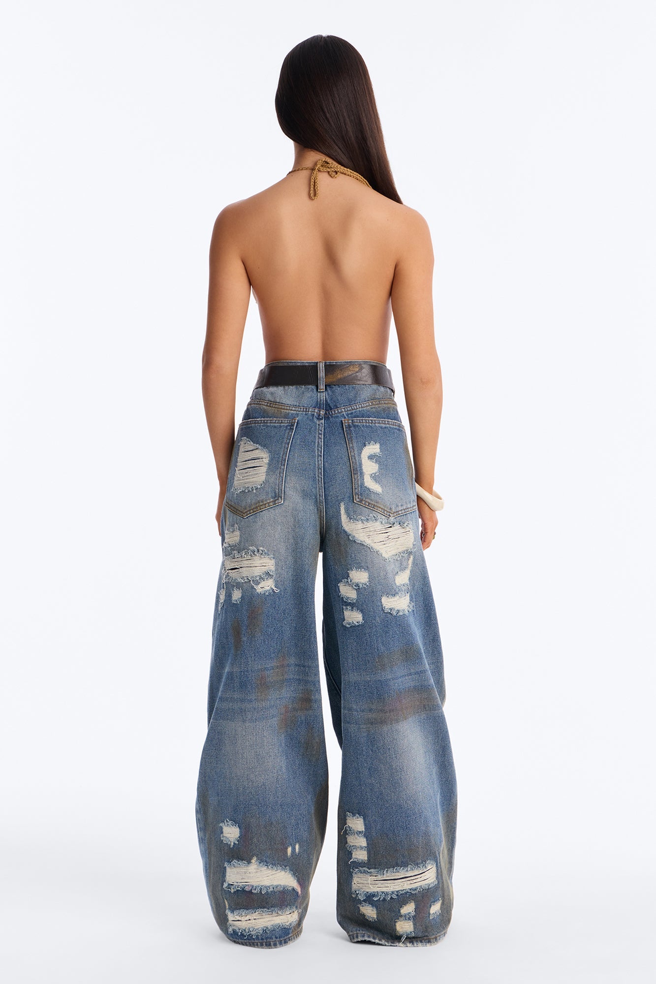Charm Ripped Belted Tinted Baggy Jeans - Vintage Wash