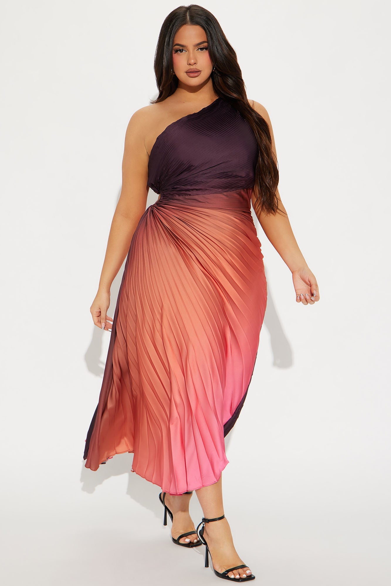 One Shoulder Asymmetrical Satin Ombre Maxi Dress - Rust