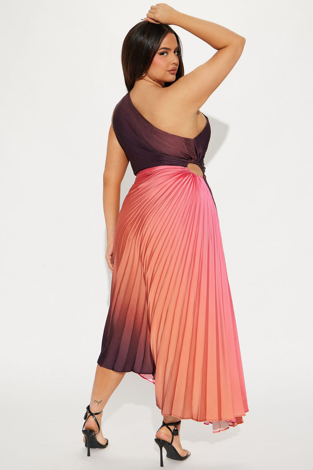 One Shoulder Asymmetrical Satin Ombre Maxi Dress - Rust