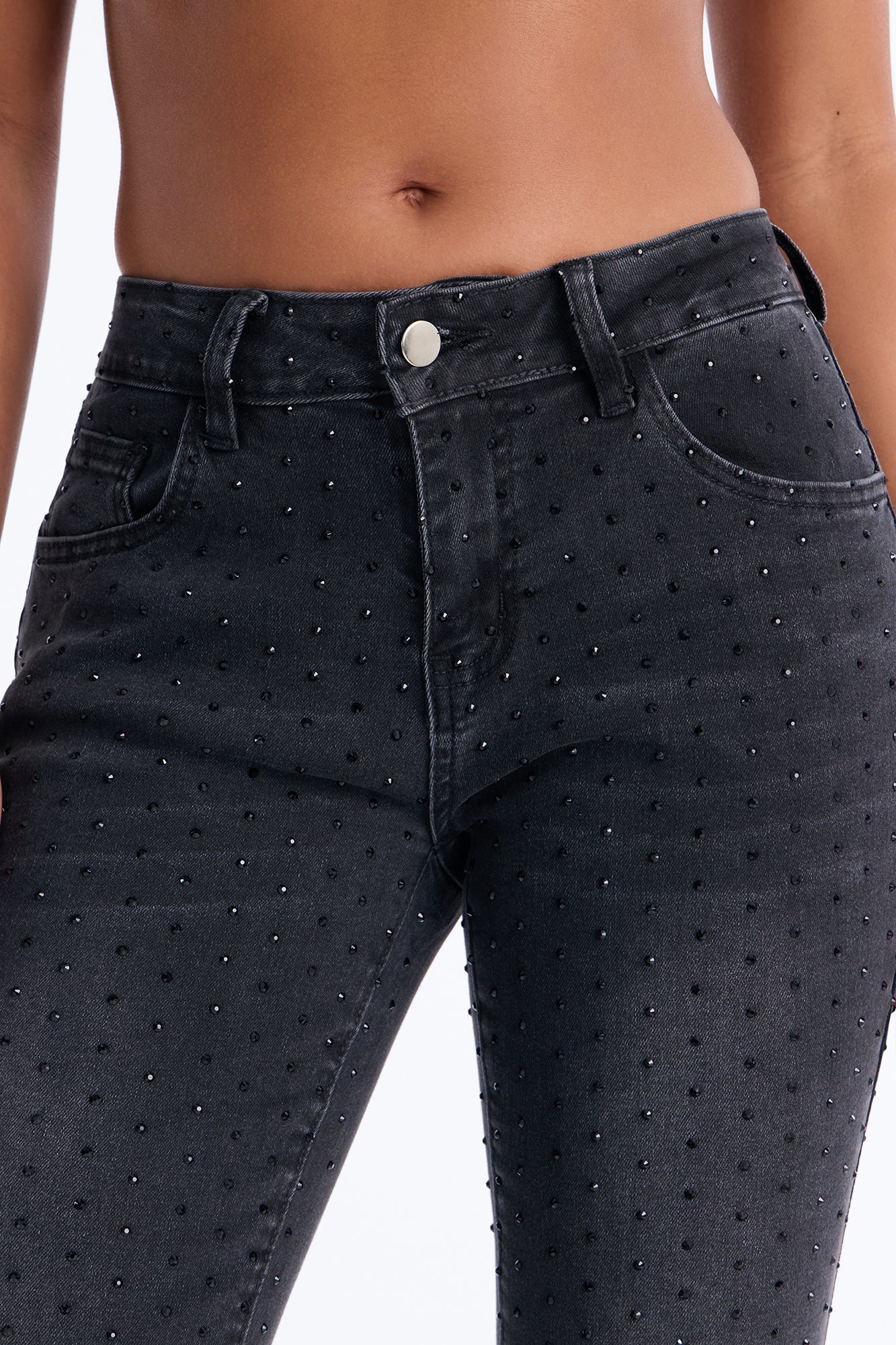 Embellished Ankle Kick Flare Jeans - Black Wash
