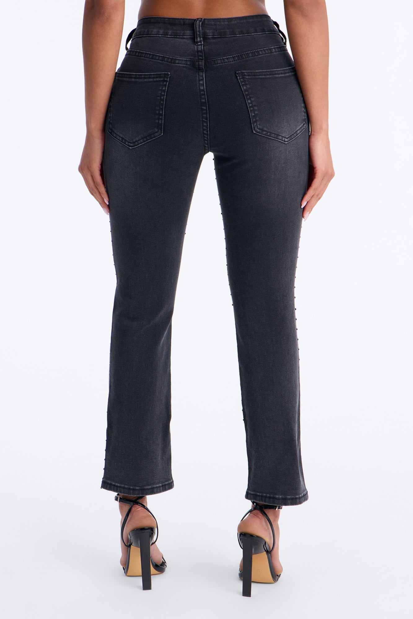 Embellished Ankle Kick Flare Jeans - Black Wash
