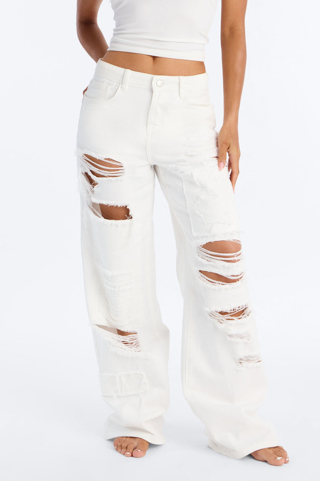 High Rise Ripped Jeans - White
