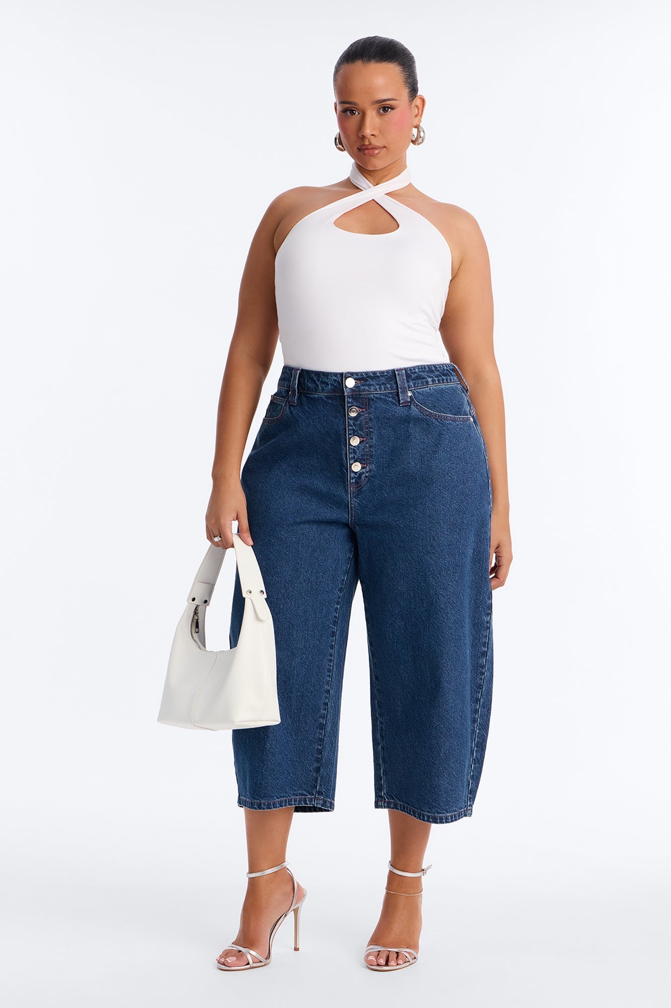 Button Fly Culotte Jeans - Rinse Blue Wash