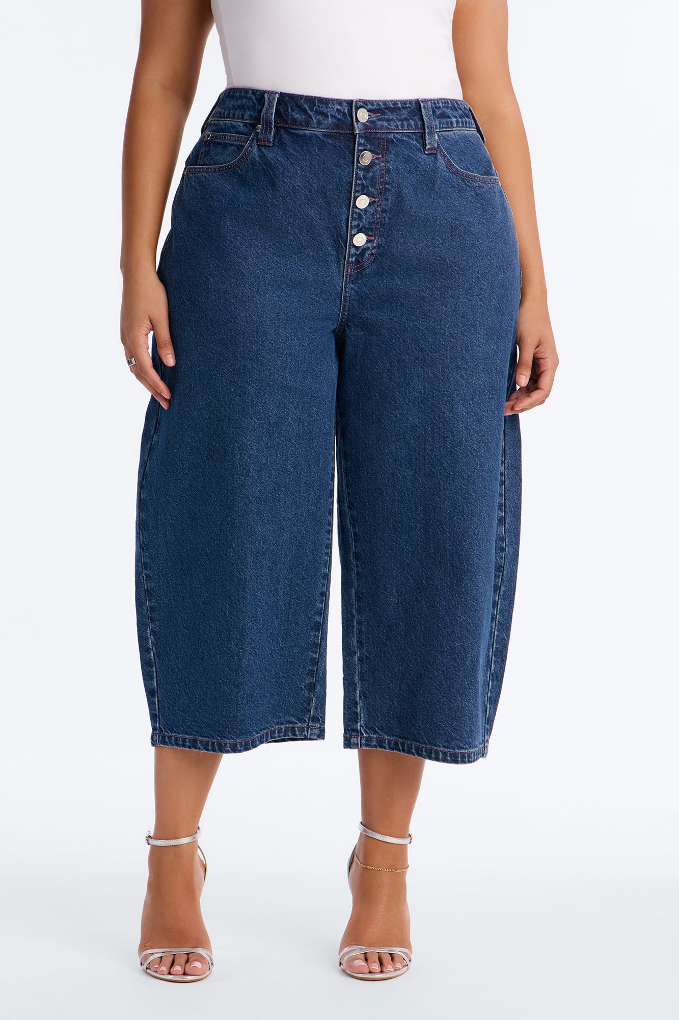 Button Fly Culotte Jeans - Rinse Blue Wash