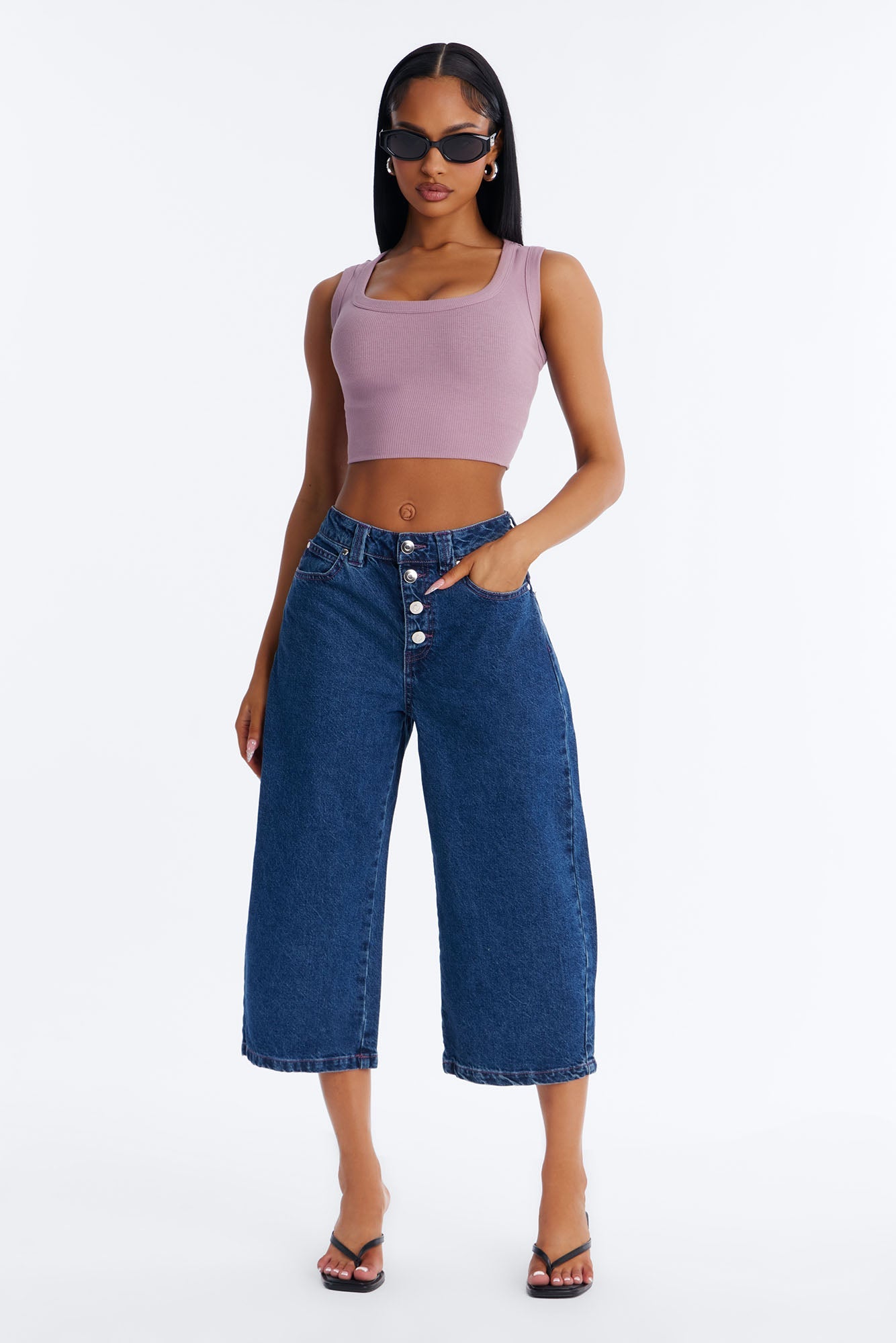 Button Fly Culotte Jeans - Rinse Blue Wash