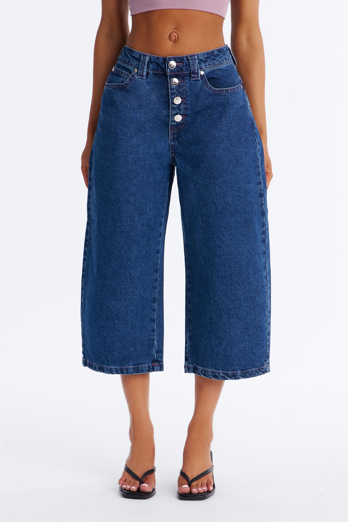 Button Fly Culotte Jeans - Rinse Blue Wash