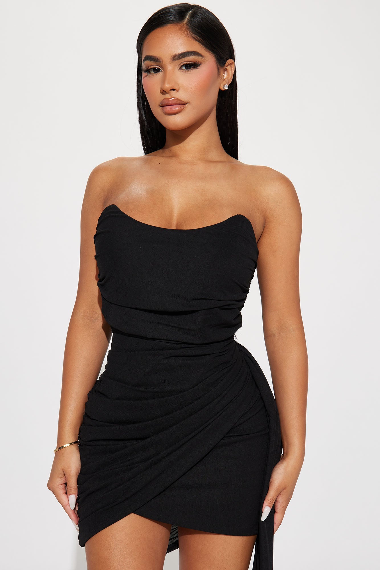 Strapless Ruched Bodycon Mini Dress - Black