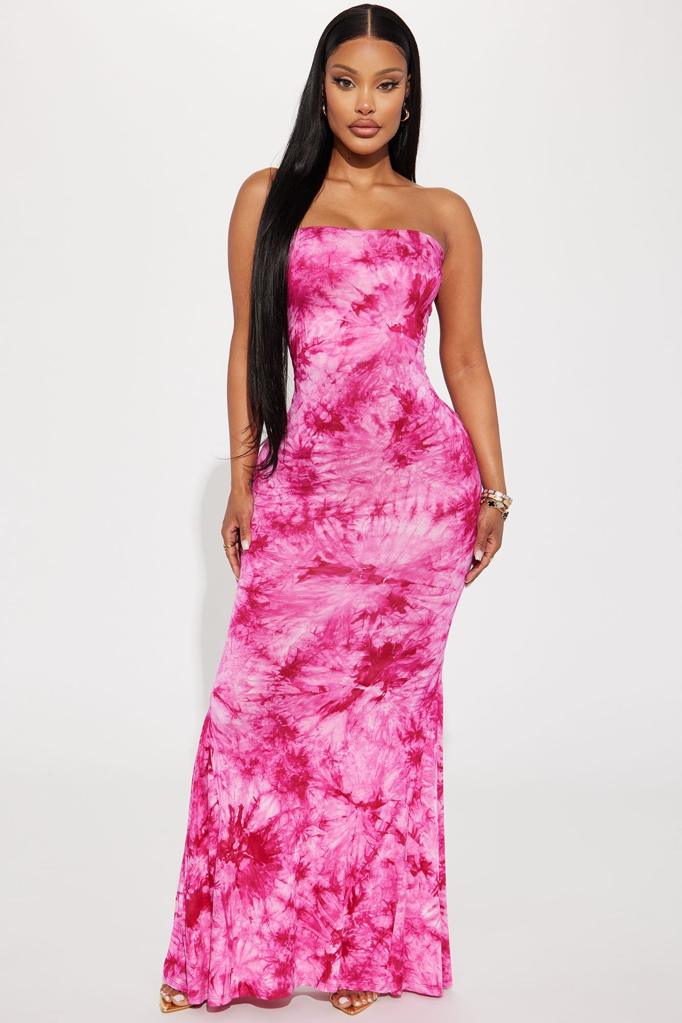 Tie-Dye Tube Maxi Dress - Fuchsia/combo
