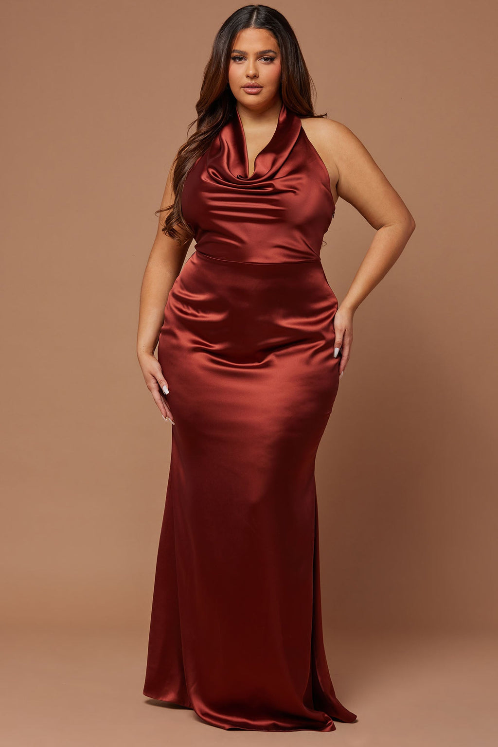 Satin Draped Maxi Dress - Rust