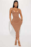 Sleeveless V-Neck Ribbed Tank Midi Dress - Taupe