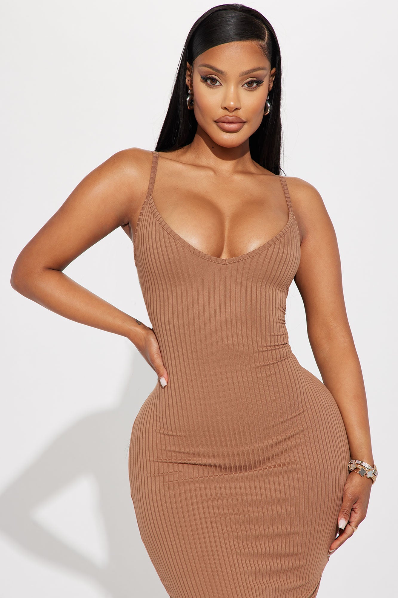 Sleeveless V-Neck Ribbed Tank Midi Dress - Taupe