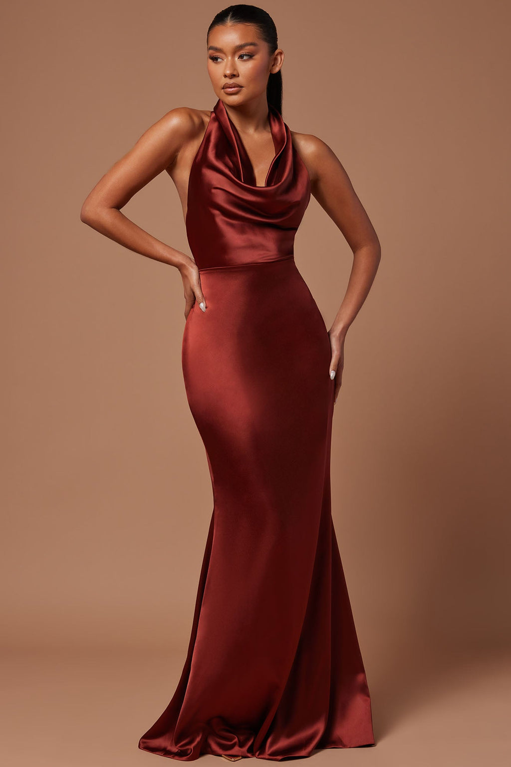 Satin Draped Maxi Dress - Rust
