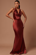 Satin Draped Maxi Dress - Rust