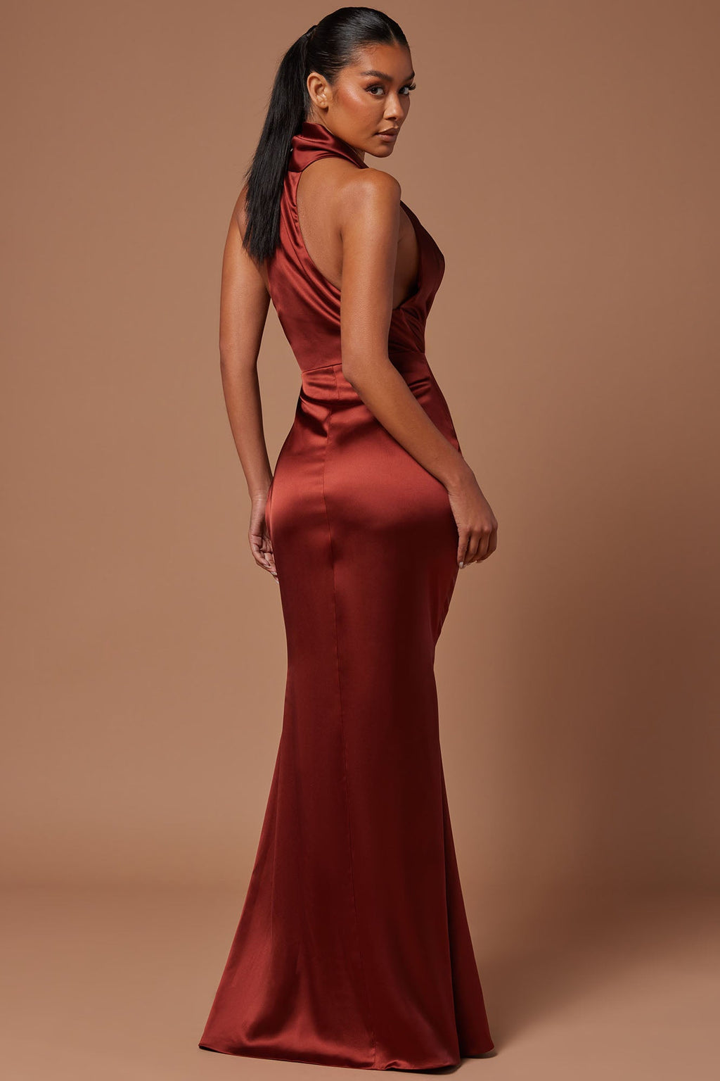 Satin Draped Maxi Dress - Rust