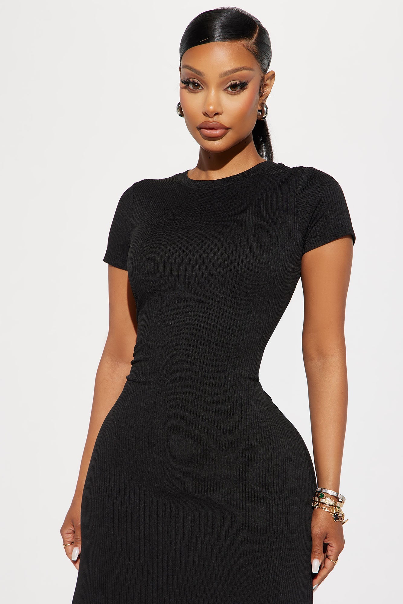 Bodycon Mock Neck Zipper Textured Midi Dress - Black