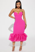 Strapless Ruffle Sweetheart Tube Midi Dress - Fuchsia