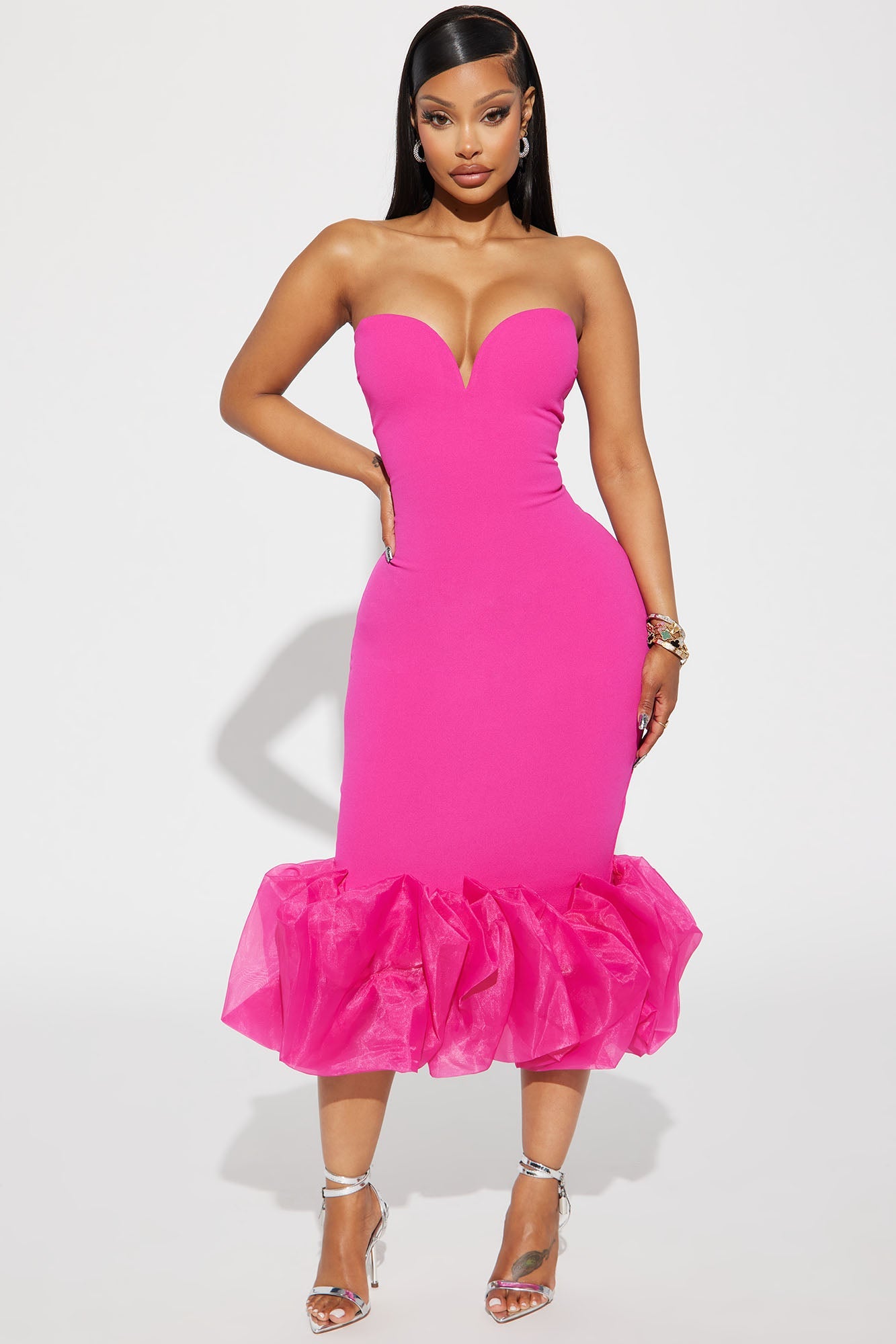 Strapless Ruffle Sweetheart Tube Midi Dress - Fuchsia