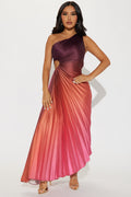 One Shoulder Asymmetrical Satin Ombre Maxi Dress - Rust