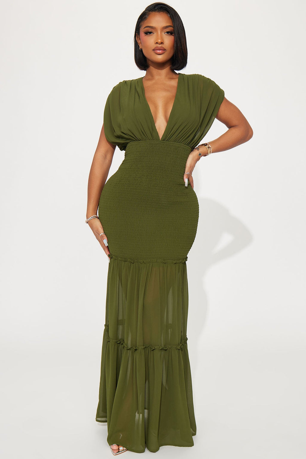 Smocked Ruffle Chiffon Mermaid Maxi Dress - Olive