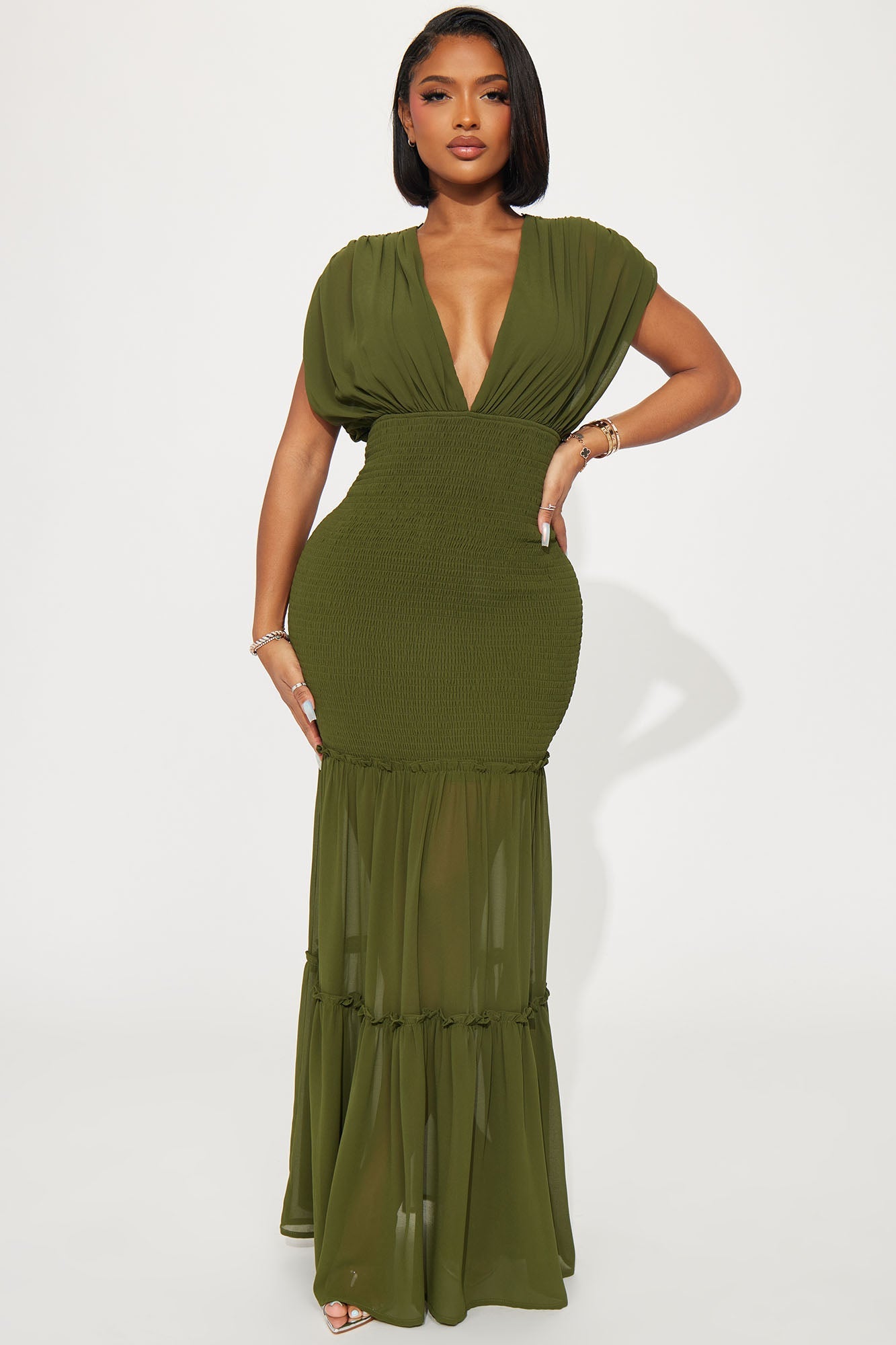 Smocked Ruffle Chiffon Mermaid Maxi Dress - Olive