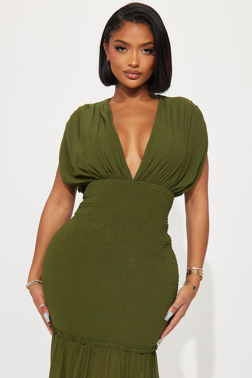 Smocked Ruffle Chiffon Mermaid Maxi Dress - Olive