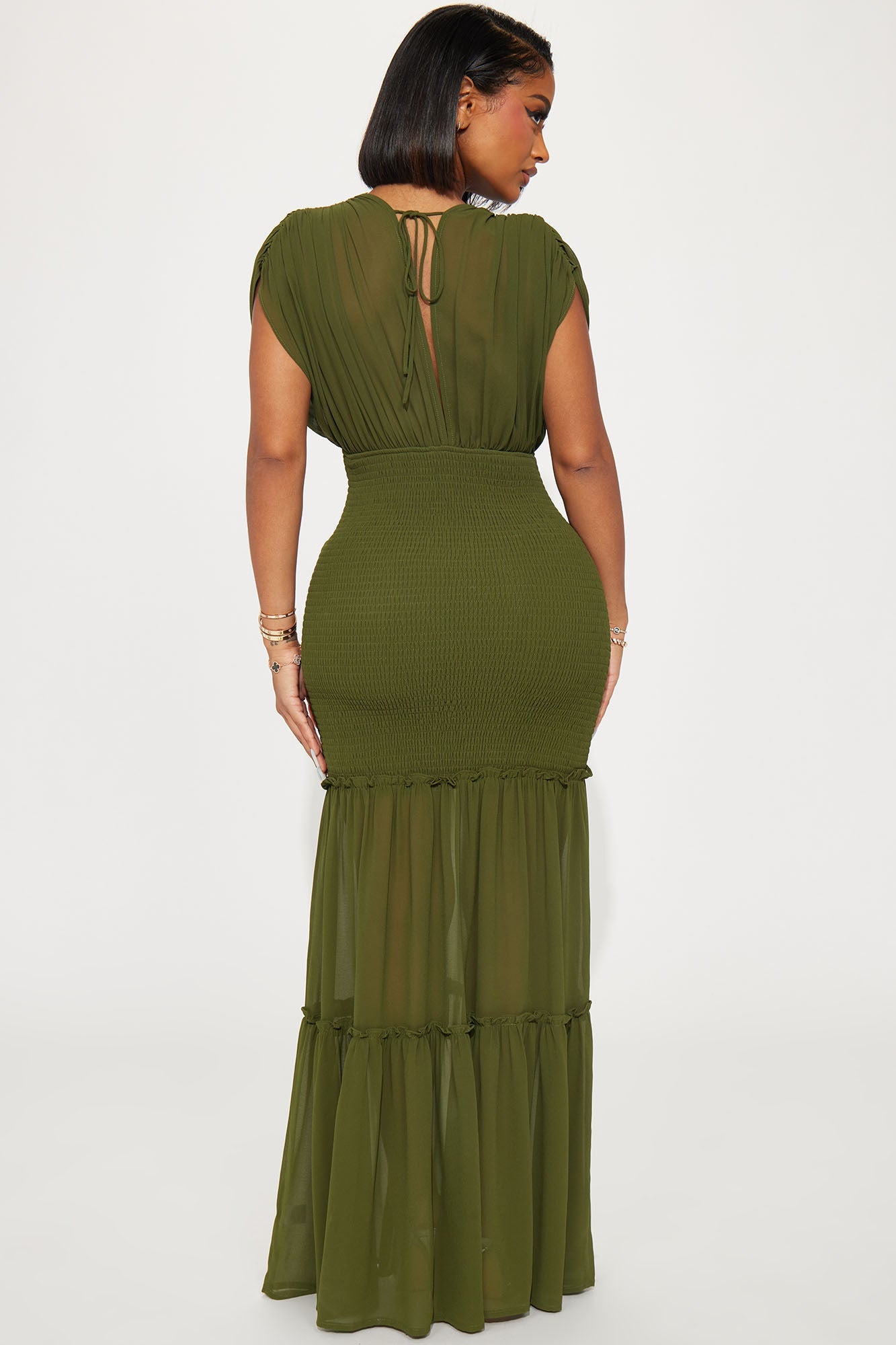 Smocked Ruffle Chiffon Mermaid Maxi Dress - Olive