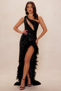 Sequin Feather Maxi Dress - Black