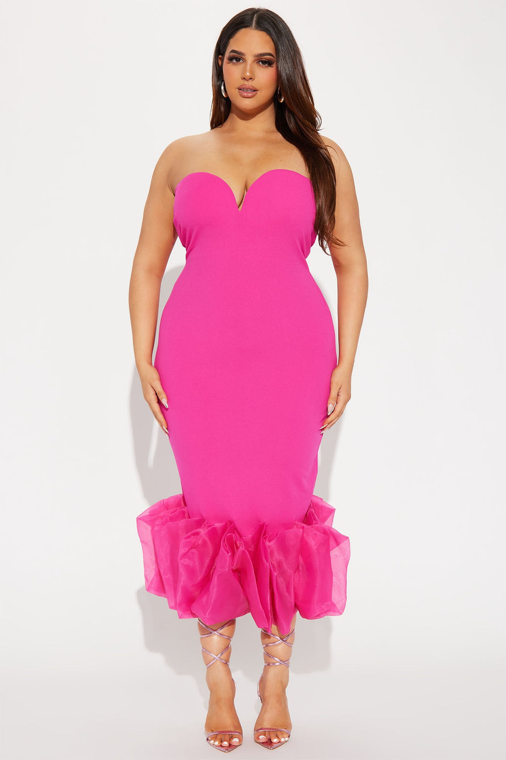Strapless Ruffle Sweetheart Tube Midi Dress - Fuchsia