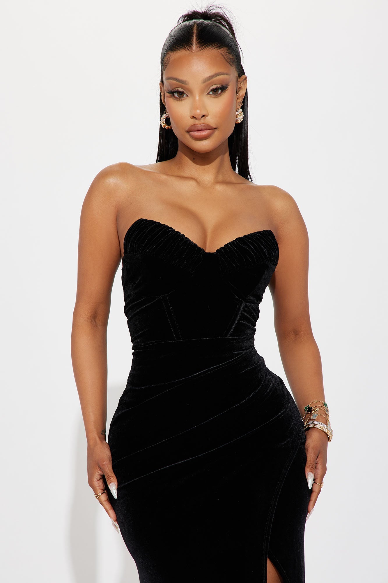 Velvet Corset High Slit Formal Gown - Black