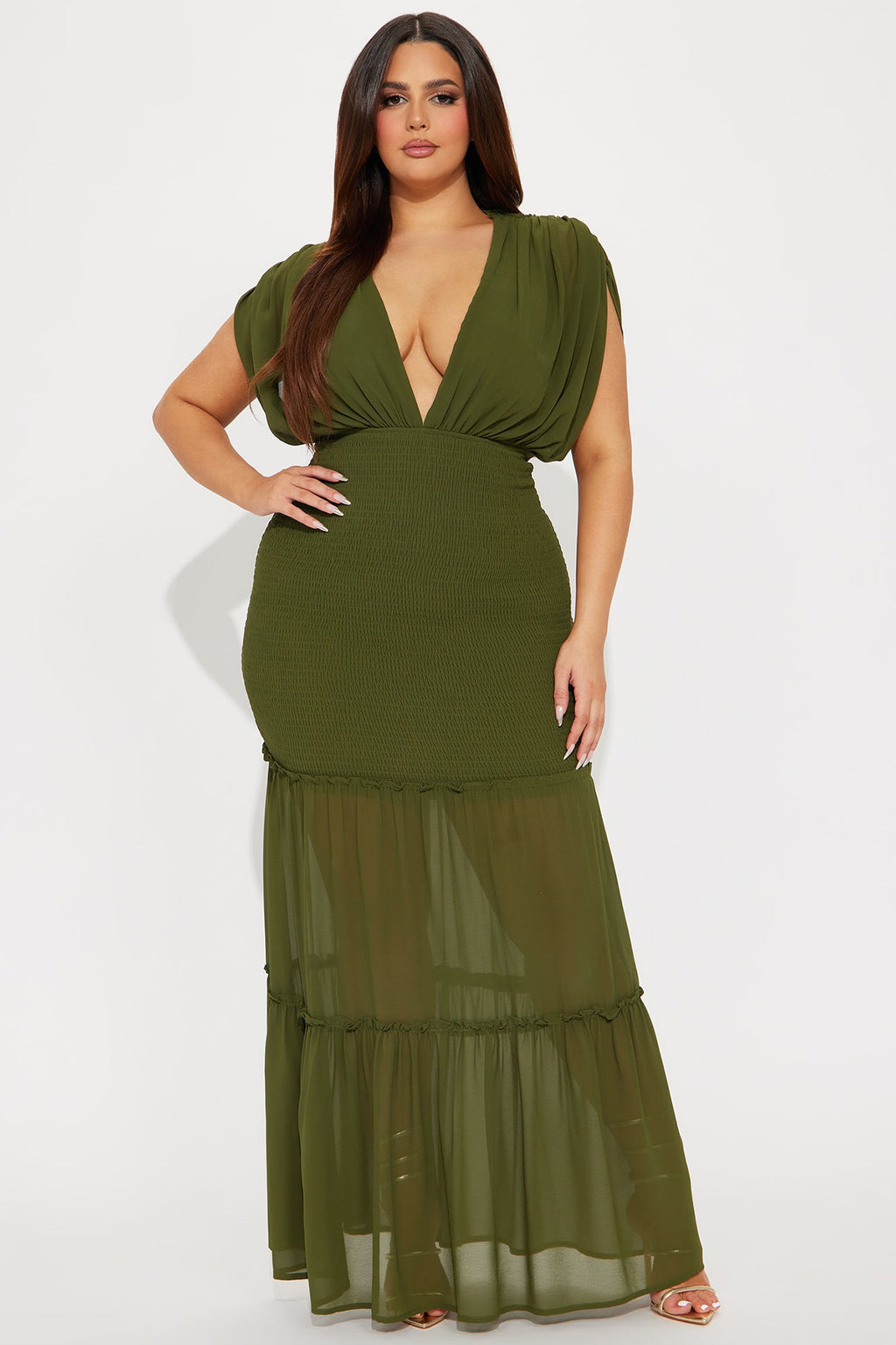 Smocked Ruffle Chiffon Mermaid Maxi Dress - Olive