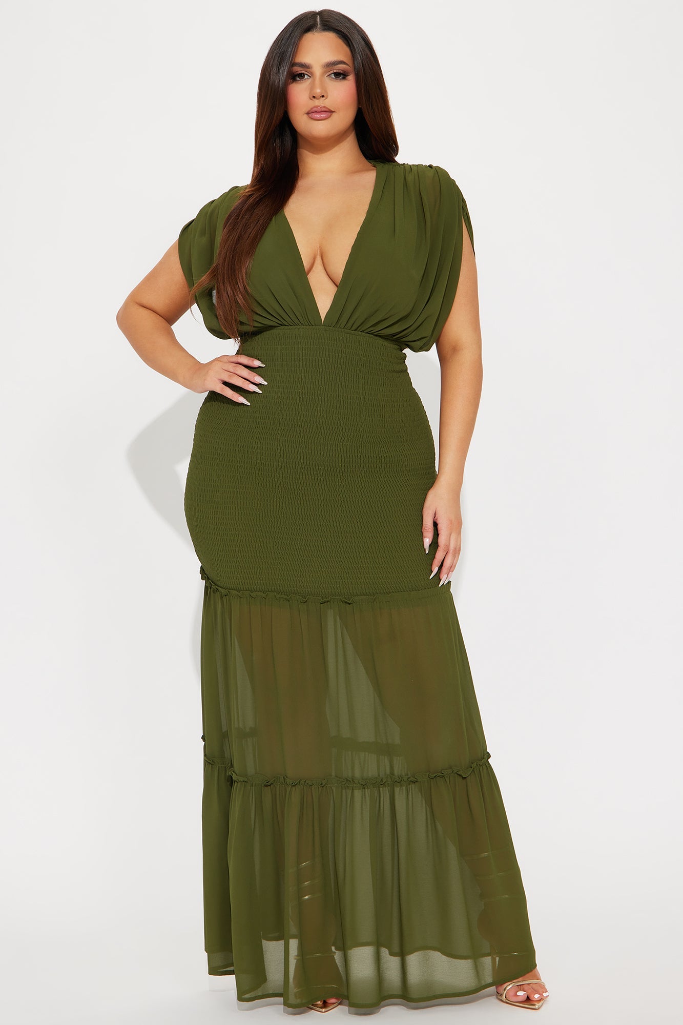 Smocked Ruffle Chiffon Mermaid Maxi Dress - Olive