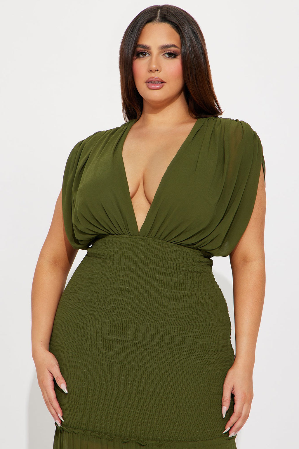 Smocked Ruffle Chiffon Mermaid Maxi Dress - Olive