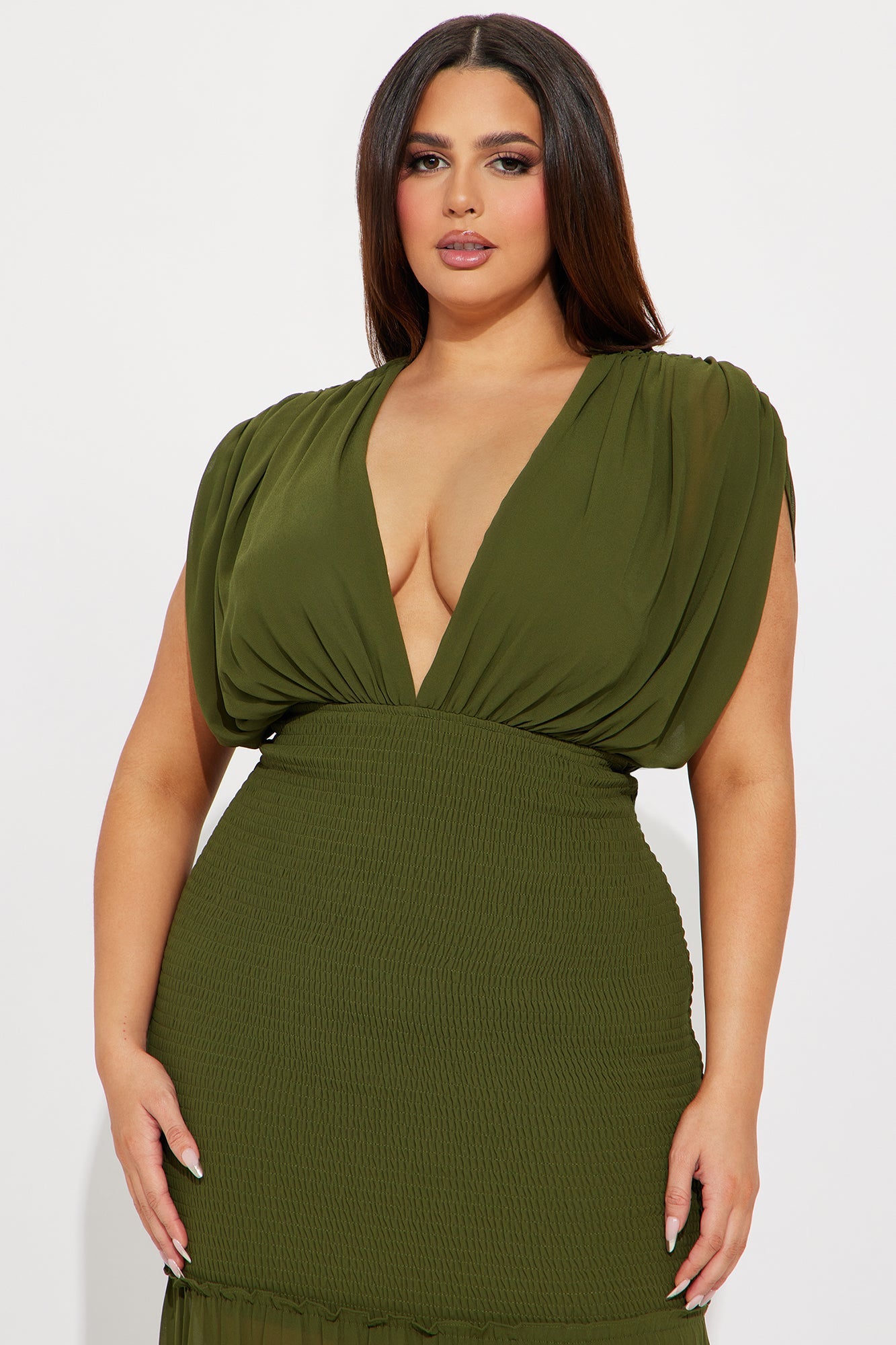 Smocked Ruffle Chiffon Mermaid Maxi Dress - Olive