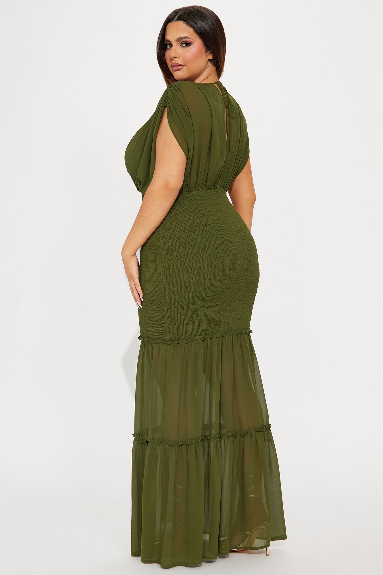 Smocked Ruffle Chiffon Mermaid Maxi Dress - Olive