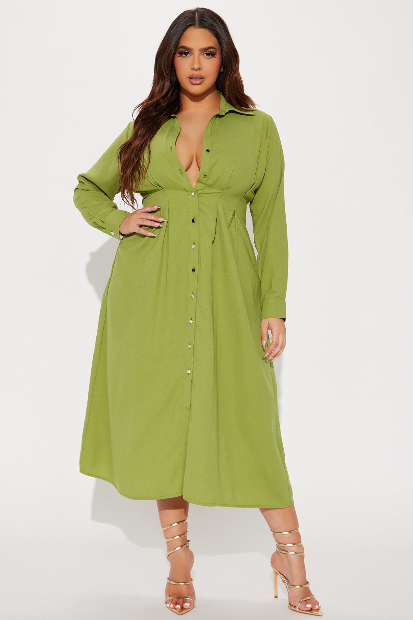 Button Down Midi Shirt Dress - Green