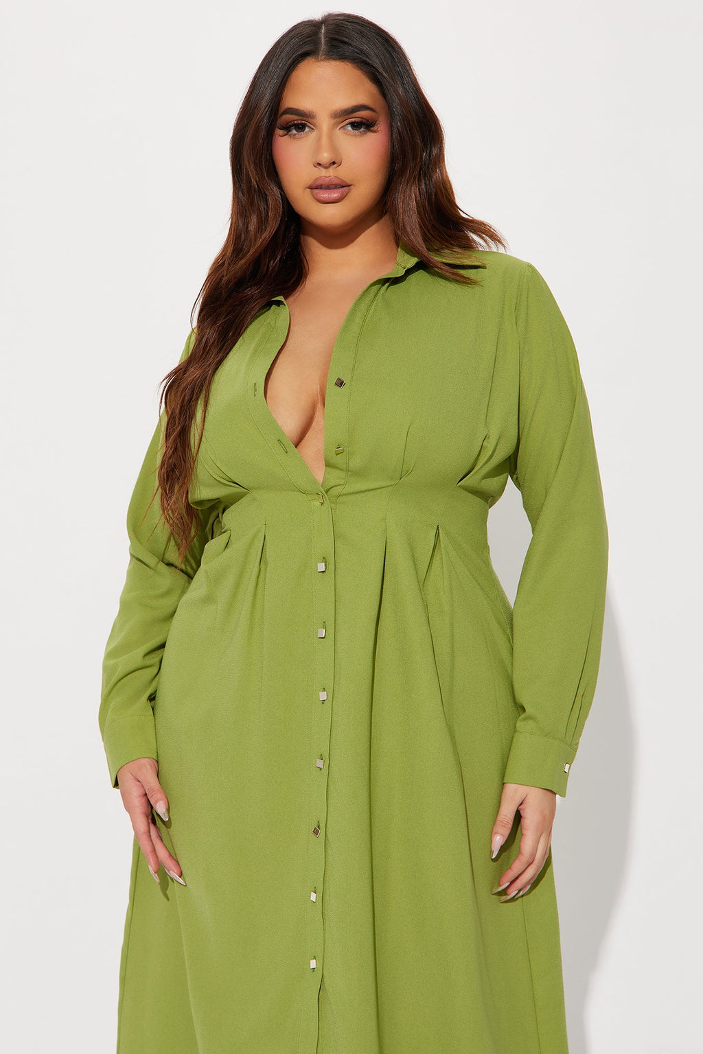 Button Down Midi Shirt Dress - Green