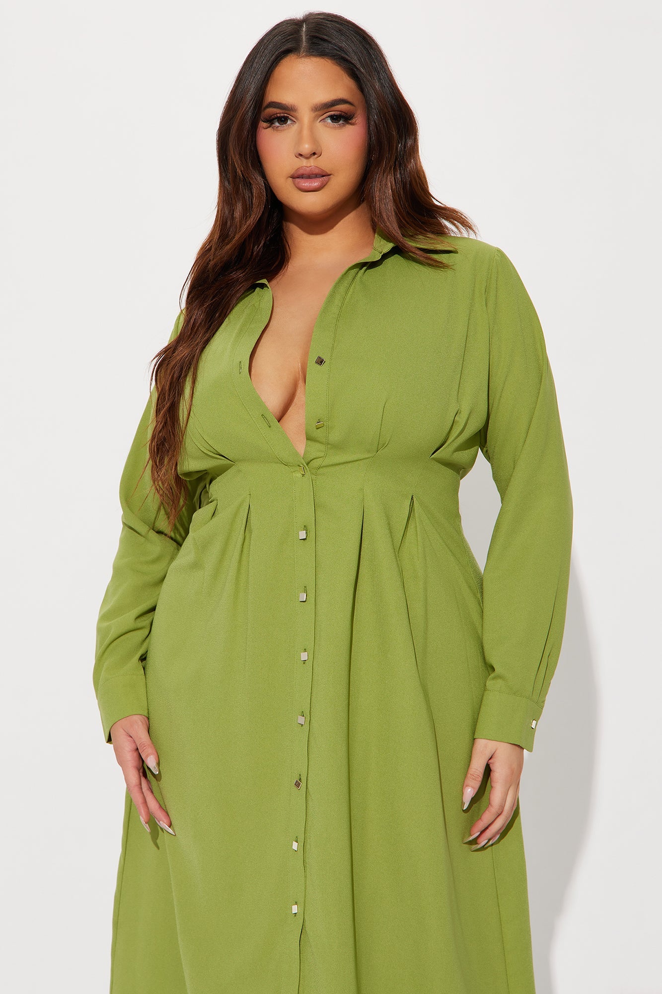 Button Down Midi Shirt Dress - Green