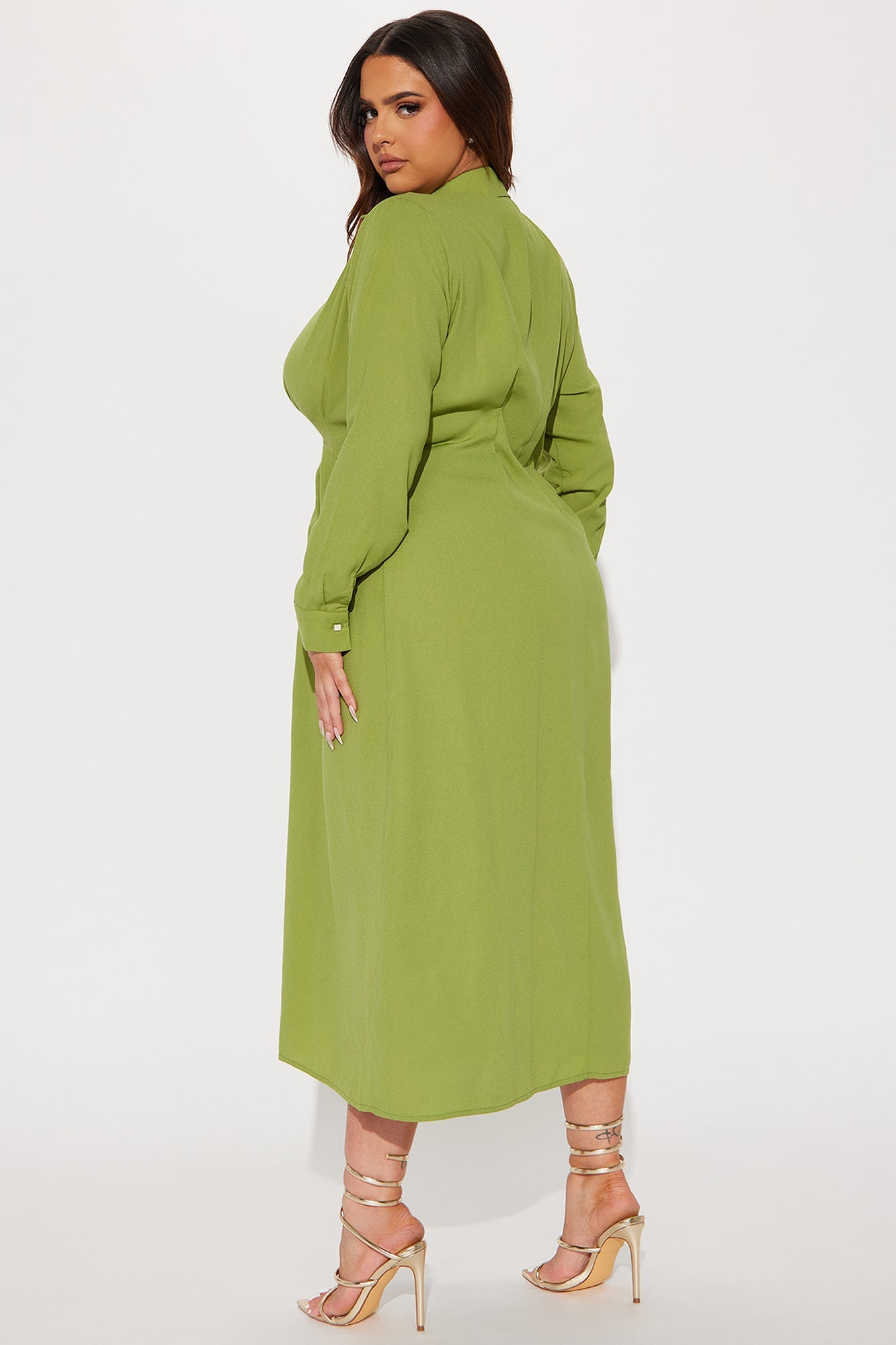 Button Down Midi Shirt Dress - Green
