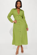 Button Down Midi Shirt Dress - Green