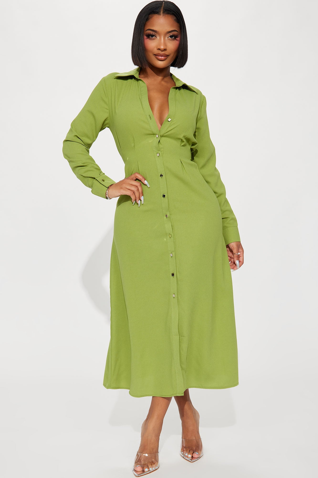 Button Down Midi Shirt Dress - Green