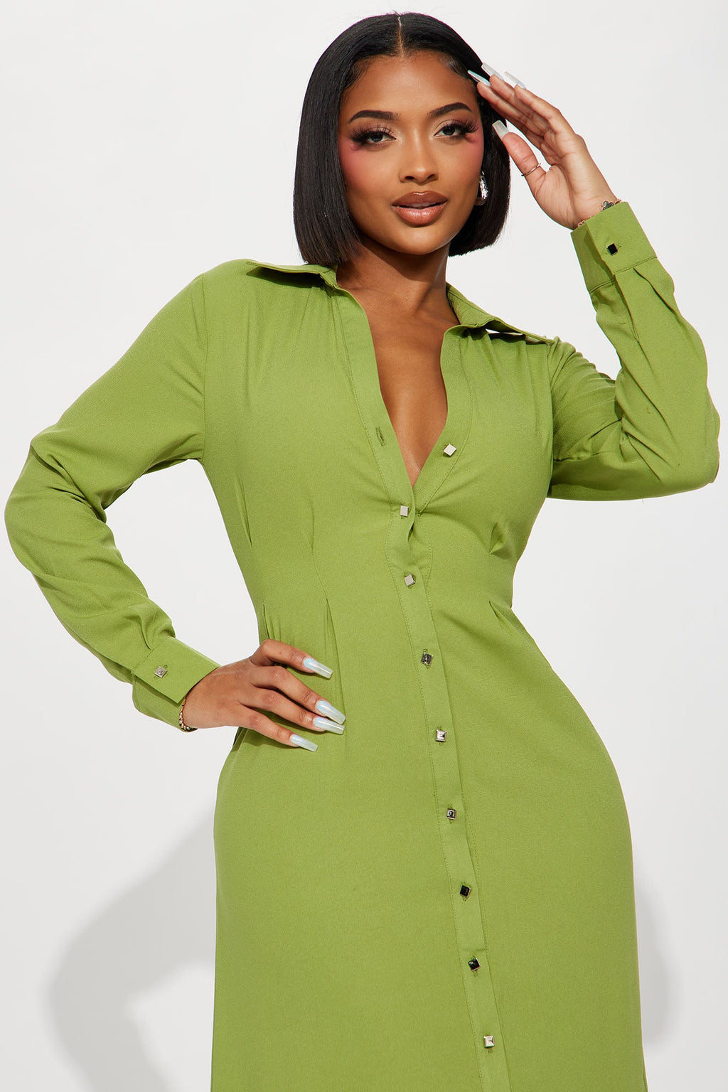 Button Down Midi Shirt Dress - Green